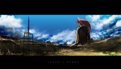  character_request cloud commentary_request day dragon english_text letterboxed monster monster_hunter_(series) no_humans outdoors photoshop_(medium) scenery siirakannu sky solo tenco&#039;s_story touhou 