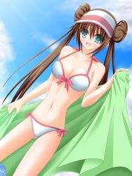  artist_request bikini blue_eyes blush breasts brown_hair cleavage double_bun female hat mei_(pokemon) midriff navel nintendo pokemon pokemon_(game) pokemon_bw2 shunrei_(blue_sanctuary) side-tie_bikini swimsuit towel visor_cap water 