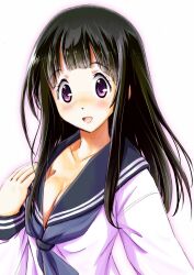  black_hair breasts chitanda_eru cleavage commentary_request female highres hyouka kamiyama_high_school_uniform_(hyouka) long_hair medium_breasts naruse no_bra purple_eyes school_uniform serafuku solo 