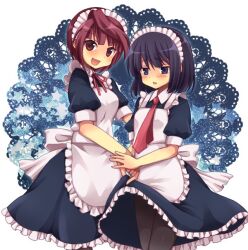  2girls akado_harue apron blue_eyes blush bonnet commentary_request kuromu_(cr0711) maid multiple_girls necktie pantyhose red_hair ribbon sagimori_arata saki_(manga) saki_achiga-hen short_hair smile 