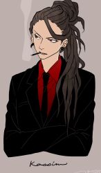  1boy brown_eyes brown_hair cigarette commentary_request crossed_arms earrings formal jewelry kassim long_hair magi_the_labyrinth_of_magic male_focus necktie photoshop_(medium) signature simple_background smoke smoking solo suit temari114 