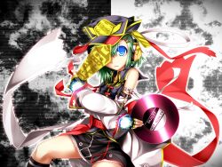  alternate_costume blue_eyes commentary_request female fingerless_gloves gloves green_hair hat headphones highres kazetto record ribbon rod_of_remorse shiki_eiki short_hair sleeveless solo touhou 