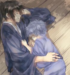  2boys aged_down black_hair commentary_request gintama grey_hair hijikata_toushirou japanese_clothes kimono lolicon long_hair male_focus maruki_(punchiki) multiple_boys ponytail sakata_gintoki sleeping teenage time_paradox yukata 