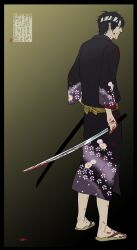  1boy bandages black_hair black_kimono blood commentary_request from_behind gb_(doubleleaf) gintama headband japanese_clothes joui katana kimono male_focus photoshop_(medium) purple_hair solo sword takasugi_shinsuke weapon 