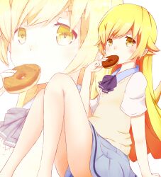  bakemonogatari blonde_hair blush commentary_request doughnut female food holding long_hair monogatari_(series) nisemonogatari oshino_shinobu peanuts_(ennuim) pointy_ears school_uniform sitting skirt solo yellow_eyes zoom_layer 