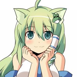  :3 ahoge animal_ears be_(o-hoho) blush cat_ears commentary_request detached_sleeves female frog_hair_ornament green_eyes green_hair hair_ornament kemonomimi_mode kochiya_sanae long_hair looking_at_viewer snake_hair_ornament solo tears touhou 