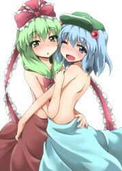  2girls back blue_eyes blue_hair blush bow commentary_request front_ponytail green_eyes green_hair hair_bobbles hair_ornament hair_ribbon hairbow hat kagiyama_hina kawashiro_nitori long_hair looking_at_viewer multiple_girls one_eye_closed ribbon short_hair simple_background skirt smile topless touhou two_side_up white_background yoshihiro-m yuri 