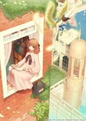  2girls :d artist_name bad_id bad_pixiv_id barefoot blonde_hair book bookshelf brick_wall brown_hair dress flying from_outside green_eyes head_wings highres letter multiple_girls open_book open_mouth original sitting sitting_in_window smile suspenders takahashi_ryuunosuke through_window watermark window wings 