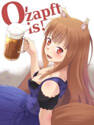  alcohol animal_ears beer breasts brown_hair cleavage commentary_request dirndl downblouse female floral_print german_clothes german_text holo long_hair medium_breasts meow_(nekodenki) oerba_yun_fang oktoberfest red_eyes solo spice_and_wolf tail translated wolf_ears wolf_girl wolf_tail 