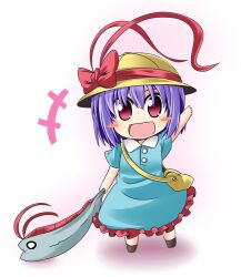  aged_down alternate_costume blush_stickers bow chibi commentary_request female fish hat hat_bow ichimi kindergarten_uniform nagae_iku oarfish photoshop_(medium) purple_hair red_eyes school_hat school_uniform short_hair solo touhou 