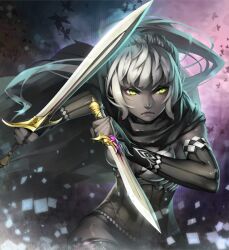  black_skin cape colored_skin commentary_request detached_sleeves dual_wielding female frown green_eyes grey_hair holding lips long_hair lvans original photoshop_(medium) pointy_ears ponytail reverse_grip scar solo sword weapon 