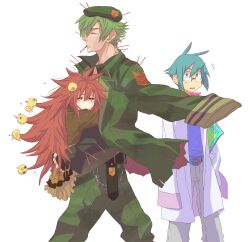  2boys beret bird carrying chick cigarette commentary_request dandruff female flaky_(happy_tree_friends) flippy_(happy_tree_friends) green_hair happy_tree_friends hat height_difference hug kab00m_chuck long_hair military military_uniform multiple_boys personification red_eyes red_hair short_hair sniffles_(happy_tree_friends) tears uniform 