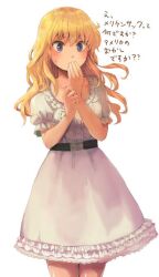  alternate_hairstyle belt blonde_hair blue_eyes dress female frills furutachirikonbu hair_down jpeg_artifacts long_hair solo translated umineko_no_naku_koro_ni ushiromiya_jessica 