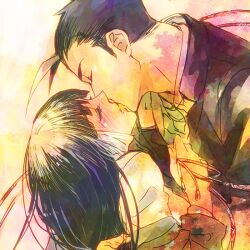  1boy black_hair blush closed_eyes commentary_request couple female gradient_hair hug imminent_kiss long_hair multicolored_hair ran_to_haiiro_no_sekai sango_(haiiro) satoo school_uniform short_hair straight tears uruma_jin white_hair 