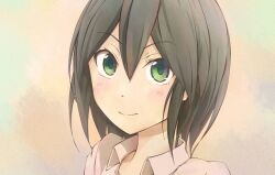  black_hair blush commentary_request dress_shirt female green_eyes hair_between_eyes inaba_himeko kokoro_connect light_smile monaral-jiro portrait shirt short_hair simple_background solo 