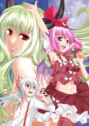  3girls \m/ animal_ears arm_up bow breasts commentary_request ex-keine fujiwara_no_mokou green_hair hairbow hat holding horn_bow horn_ornament horns kamishirasawa_keine leg_up long_hair looking_at_viewer macross macross_frontier medium_breasts microphone multiple_girls mystia_lorelei navel open_mouth parody pink_hair red_eyes red_legwear shimouki_izui short_hair single_thighhigh skirt sparkle thighhighs topless touhou white_hair wings 