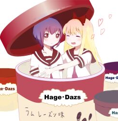  2girls bad_id bad_pixiv_id black_hair blonde_hair brand_name_imitation brown_eyes closed_eyes funami_yui haagen-dazs long_hair maij multiple_girls nanamori_school_uniform photoshop_(medium) school_uniform serafuku short_hair toshinou_kyouko yuru_yuri 