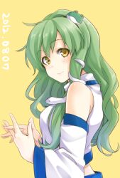  bare_shoulders breasts courreges_ace dated detached_sleeves female frog_hair_ornament green_hair hair_ornament kochiya_sanae long_hair photoshop_(medium) solo touhou yellow_background yellow_eyes 