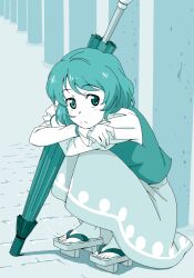  aqua_theme bad_id bad_pixiv_id blue_theme closed_umbrella crossed_arms feet female full_body geta highres ikuya_koimori light_frown looking_at_viewer monochrome short_hair solo squatting tatara_kogasa toes touhou umbrella 