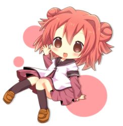  akaza_akari bad_id bad_pixiv_id brown_eyes chibi double_bun female hair_bun kumakichi_(toshigat) layered_sleeves long_sleeves nanamori_school_uniform open_mouth red_hair school_uniform serafuku short_hair short_over_long_sleeves short_sleeves smile solo yuru_yuri 