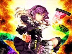  alternate_costume blonde_hair boots commentary_request female gradient_hair headphones highres hijiri_byakuren kazetto long_hair multicolored_hair photoshop_(medium) purple_hair smile solo sorcerer&#039;s_sutra_scroll touhou yellow_eyes 