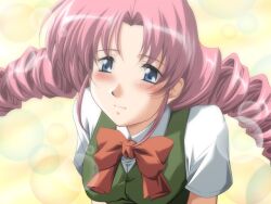  blue_eyes blush came_cg drill_hair ecchi_na_bunny-san_wa_kirai ecchi_na_bunny-san_wa_kirai? female game_cg hase_chimaki pink_hair school_uniform solo yamane_masahiro zyx 