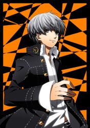  1boy argent-ag bad_id bad_pixiv_id grey_eyes grey_hair houndstooth male_focus narukami_yuu persona persona_4 school_uniform solo 