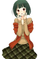  :o alternate_costume bad_id bad_pixiv_id blush female green_hair idolmaster idolmaster_(classic) mizutamako mole mole_under_mouth otonashi_kotori plaid plaid_skirt red_eyes red_scarf scarf short_hair simple_background skirt solo white_background 