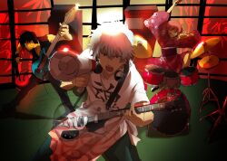  2boys bad_id bad_pixiv_id band bass_guitar black_hair bun_cover double_bun drum drum_set female gintama glasses grey_hair guitar hair_bun instrument japanese_clothes kagura_(gintama) kimono megaphone mn multiple_boys red_eyes sakata_gintoki shimura_shinpachi speaker white_hair 