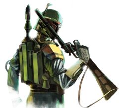  1980s_(style) 1boy armor boba_fett cable commentary_request energy_gun gloves gun helmet highres jetpack kudan_(taiki0701) male_focus mandalorian photoshop_(medium) realistic retro_artstyle rifle science_fiction shoulder_pads solo star_wars tube weapon 