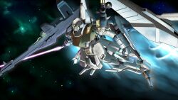  beam_rifle commentary_request energy_gun energy_sword gomibako_(shirokumatei) gun gundam gundam_unicorn mecha no_humans rezel_type-c robot solo space sword weapon 