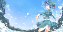  :d bare_legs barefoot blue_eyes blue_hair blue_sky cattail commentary_request day ech feet female hair_bobbles hair_ornament hat kawashiro_nitori leg_up looking_at_viewer looking_back mountain open_mouth outstretched_arms plant short_hair skirt sky smile solo splashing spread_arms touhou two_side_up wading water 