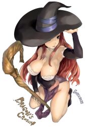  armpits breasts brown_eyes brown_hair character_name cleavage commentary_request copyright_name detached_sleeves dragon&#039;s_crown dress female from_above hand_on_headwear hat kneeling large_breasts long_hair mikurou_(nayuta) simple_background solo sorceress_(dragon&#039;s_crown) staff strapless strapless_dress white_background witch_hat 