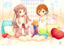  1boy akane_(goma) akira_(goma) bare_shoulders barefoot blush braid breasts brother_and_sister brown_hair brush bunny cleavage female goma_(11zihisin) hair_bun hair_ornament hair_ribbon hairclip hat heart highres long_hair nightgown off_shoulder open_mouth original pajamas ribbon seiza short_hair shorts siblings sitting smile souta_(goma) stuffed_animal stuffed_toy tank_top trap yellow_eyes 