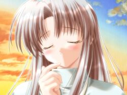  blush canvas closed_eyes cloud cocktail_soft f&amp;c female game_cg gayarou long_hair outdoors shinomiya_yuu sky solo tears turtleneck 