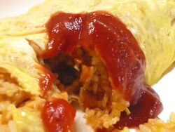  bad_id bad_pixiv_id egg food food_focus granada ketchup no_humans omelet omurice original photorealistic photoshop_(medium) realistic rice still_life 