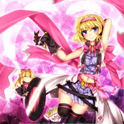  alice_margatroid alternate_costume belt blonde_hair blush boots bow checkered_background commentary_request doll dress female gloves hairband hairbow highres kazetto key lock long_hair md5_mismatch open_mouth photoshop_(medium) purple_eyes record resolution_mismatch ribbon shanghai_doll short_hair skirt sleeveless smile solo source_smaller thighhighs touhou 