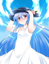  alternate_costume bad_id bad_pixiv_id blue_hair blush cloud day dress female food fruit hammer_(sunset_beach) hands_on_headwear hat hinanawi_tenshi long_hair looking_at_viewer peach red_eyes sky solo touhou white_dress 