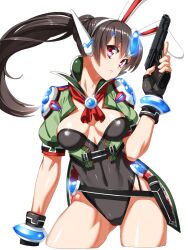  animal_ears ass_visible_through_thighs black_gloves black_hair bracer breasts commentary_request covered_navel cropped_legs extra_ears female fingerless_gloves gloves gun hairband handgun holster junketsu_duelion left-handed leotard long_hair medium_breasts official_art photoshop_(medium) pink_eyes ponytail rabbit_ears robot_ears saginomiya_shizuki simple_background solo takoyaki_neko-san trigger_discipline weapon white_background 