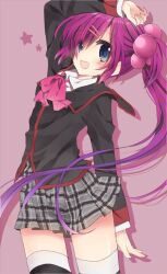  bad_id bad_pixiv_id blue_eyes bow female funiru little_busters! long_hair pink_bow plaid plaid_skirt purple_hair saigusa_haruka school_uniform side_ponytail skirt striped_clothes striped_thighhighs thighhighs 