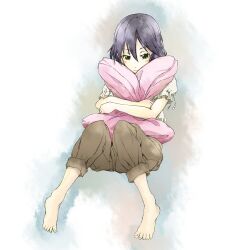  barefoot black_hair blush capri_pants commentary_request female full_body green_eyes hugging_object inaba_himeko kokoro_connect light_smile monaral-jiro pants pillow pillow_hug short_hair simple_background solo 