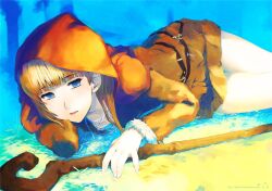  blonde_hair blue_eyes dress female hood little_red_riding_hood little_red_riding_hood_(grimm) lying on_side open_mouth photoshop_(medium) solo staff takano_kou watermark web_address 