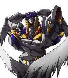  commentary crossed_arms feathers head_wings large_head_wings mecha no_humans photoshop_(medium) rahxephon rahxephon_(mecha) robot simple_background solo takkayuuki white_background wings 