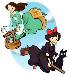  2girls apron black_cat broom broom_riding brown_eyes brown_hair commentary_request crossover discworld dress feline jiji_(majo_no_takkyuubin) kiki_(majo_no_takkyuubin) lindbloem long_hair majo_no_takkyuubin multiple_girls photoshop_(medium) short_hair smile tiffany_aching witch you_(discworld) 