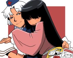  2girls black_hair blue_eyes closed_eyes commentary_request game_console hat houraisan_kaguya hug long_hair long_sleeves magazine_(object) multiple_girls nurse_cap onikobe_rin shirt skirt skirt_set smile touhou white_hair wide_sleeves wii_u wii_u_gamepad yagokoro_eirin 