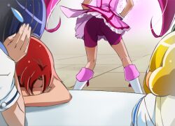  4girls aoki_reika ass bike_shorts blonde_hair boots cure_happy from_behind haruyama_kazunori hino_akane_(smile_precure!) hoshizora_miyuki knee_boots magical_girl multiple_girls pink_hair pink_shorts pink_skirt precure purple_hair red_hair shorts skirt smile_precure twintails yayoi_kise 