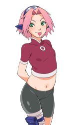  arms_behind_back back bandage bike_shorts blush breasts condom condom_in_mouth cowboy_shot crop_top female green_eyes headband headdress karasu karasumaru konohagakure_symbol kyosu looking_at_viewer midriff mouth_hold naruto navel pink_hair red_shirt sakura_haruno shirt short_hair short_sleeves shorts simple_background skin_tight skindentation small_breasts smile solo thigh_strap white_background 