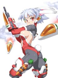  animal_ears arm_cannon back breasts commentary_request cropped_legs extra_ears female grey_hair gun holster junketsu_duelion lavi_phanfone medium_breasts missile official_art pantyhose photoshop_(medium) rabbit_ears rabbit_tail red_eyes robot_ears sideboob simple_background smoke solo tail takoyaki_neko-san thigh_holster weapon white_background 