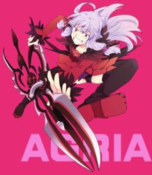  agria_(tales) black_panties boots character_name commentary_request female freckles grin light_purple_hair panties pantyshot photoshop_(medium) pink_background red_eyes sinaooo skirt smile solo tales_of_(series) tales_of_xillia thigh_boots thighhighs underwear weapon 