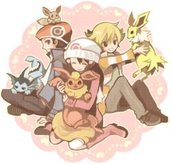  2boys barry_(pokemon) beanie beret black_hair blonde_hair boots coat commentary_request dawn_(pokemon) eevee female flareon hair_ornament hat holding jolteon lucas_(pokemon) multiple_boys pink_footwear pokemon pokemon_(creature) pokemon_dppt pokemon_platinum scarf sitting smile tasuku_(bixbite) vaporeon winter_clothes 